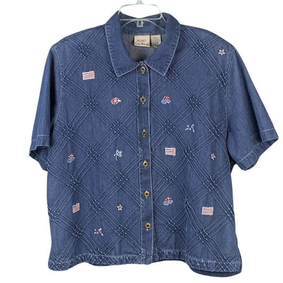 KORET City Blues Denim Shirt Beaded Embroidered US Flags Flowers Stars, Sz 20W - Picture 1 of 5